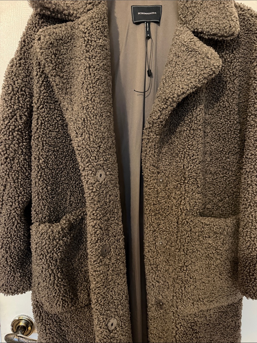 BCBGMaxAzria Taupe Teddy Long Coat with Notch Collar - Picture 12 of 12